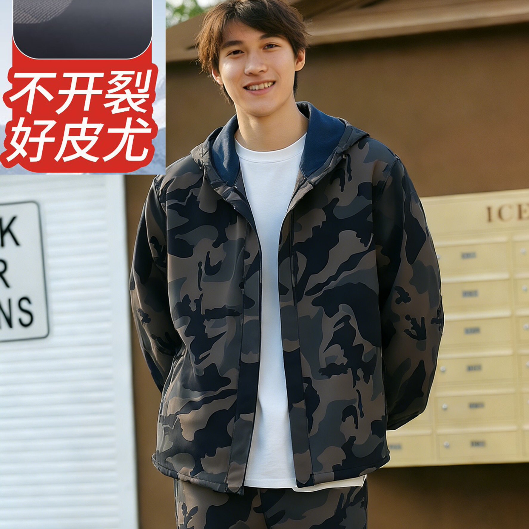 春秋薄款迷彩皮衣工作服男防水防油耐磨宽松连帽外套代驾工装套装