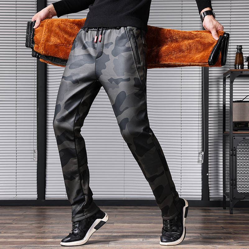 迷彩皮裤男修身社会小伙紧身骑行PU加绒加厚冬季机车男士青年裤子