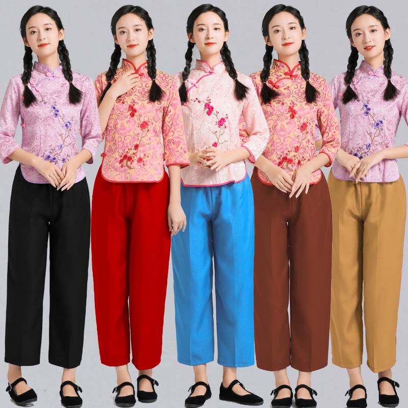 采茶服女民族舞茶园茶艺服装女村姑秧歌服民国风演出服碎花阿庆嫂