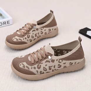 飞织网面豹纹女鞋 德训春季 中老年妈妈鞋 软底透气休闲女鞋 款