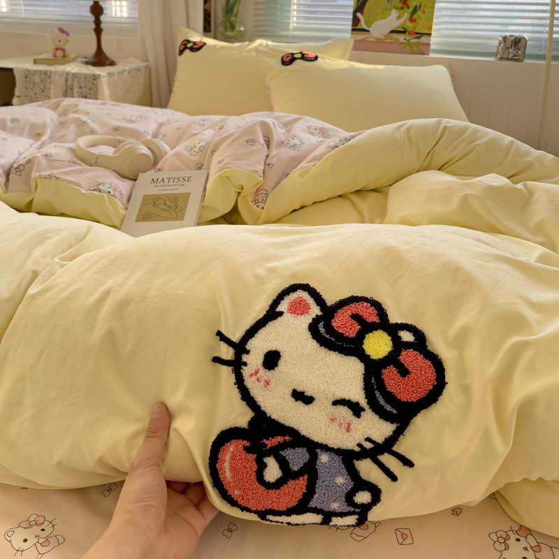 卡通HelloKitty水洗棉四件套可爱儿童被套床单人三件套非纯棉全棉