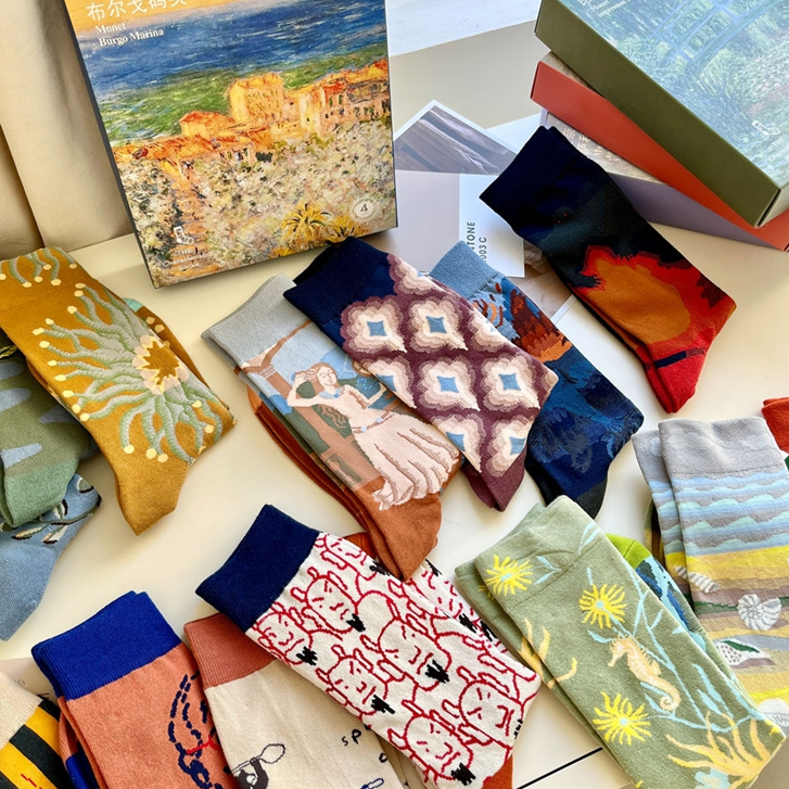 法国BM油画袜女复古抽象文艺风格中筒棉袜子提花个性潮袜小众轻奢,女士内衣/男士内衣/家居服,中筒袜,淘宝优惠券,粉丝福利购,淘宝优惠卷