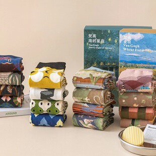 法式油画袜子女韩版中筒袜ins复古风情侣款棉袜春秋款多巴胺潮袜