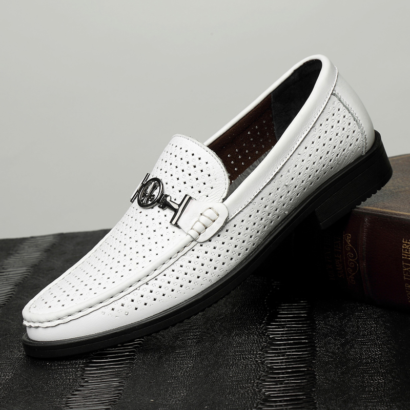 头层牛皮男士豆豆鞋男真皮透气镂空一脚蹬软底白色懒人套脚皮鞋子