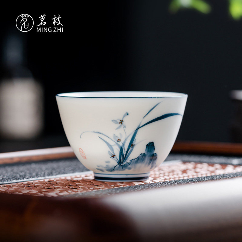 茗枝羊脂玉瓷“沐风”辰杯主人杯功夫茶杯单杯青花茶碗品茗杯中式