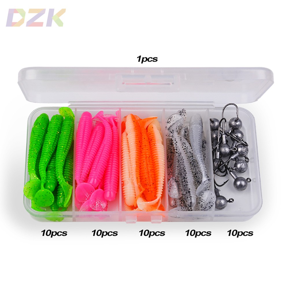 51pcs路亚软鱼套装 T尾路亚软体饵 软虫铅头钩路亚饵盒套装DWS5b7