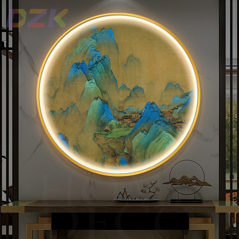 中式圆形装饰画led发光千里江山图书房办公室挂画客厅玄关山水b4