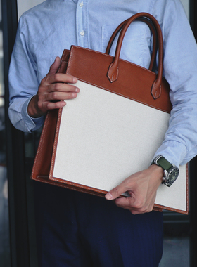 HIBBERS原创设计法国Faubourg牛皮配布男士商务横款手提电脑包