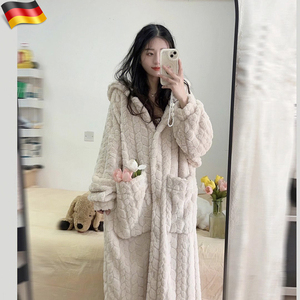 德国冬天加绒加厚浴袍女款大码连帽珊瑚绒睡衣冬季长袍年新款睡袍