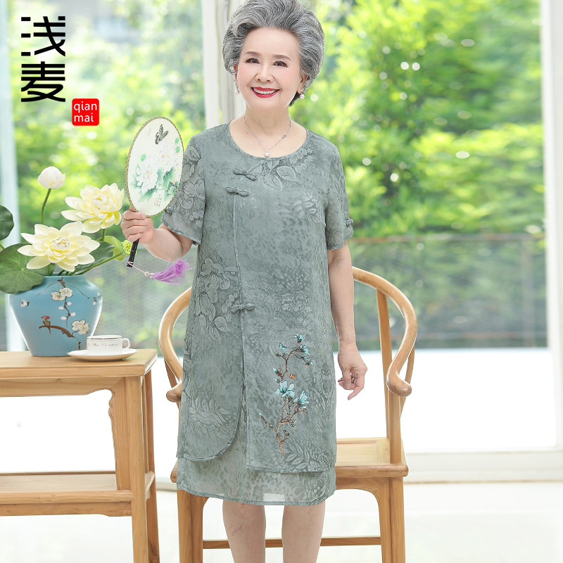 奶奶夏装连衣裙中老年人女装夏季60岁70妈妈装雪纺老太太长裙子80