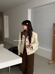 FST 撞色pu皮翻领法式粗花呢小香外套女秋冬复古气质短款毛呢上衣