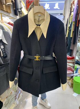 实拍冬季韩系新款加棉加厚中长款气质西装衬衣拼接假两件呢子大衣
