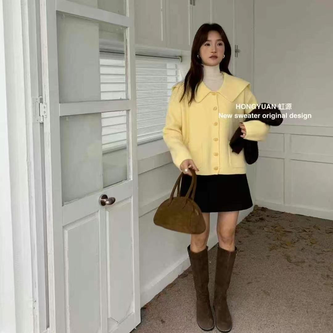 虹源2331翻领针织毛衣甜美可爱开衫针织毛衣制服女外套气质韩系潮