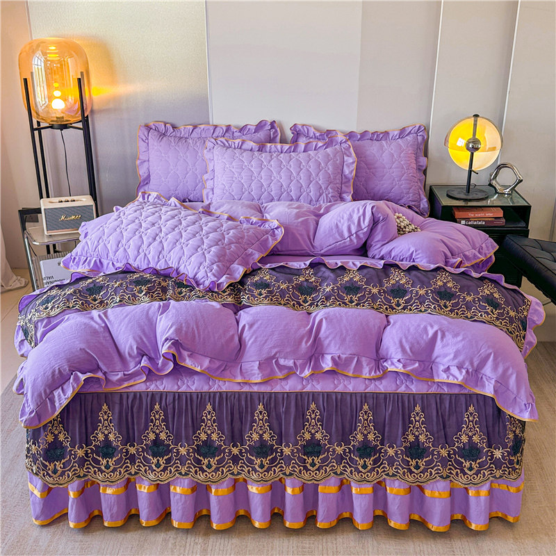 欧式水洗棉蕾丝夹棉床裙式四件套公主风加厚床罩床单被套床上用品