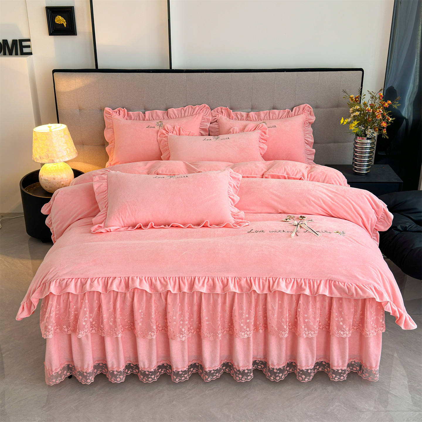 宝宝绒夹棉床裙款四件套