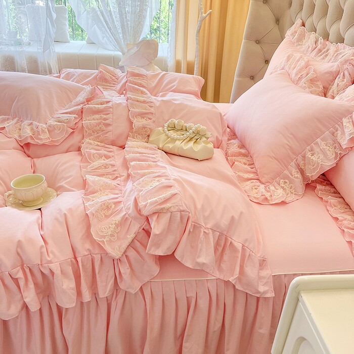 法式全棉蕾丝床裙四件套高级公主风花边被罩裸睡床罩套少女心1.8m