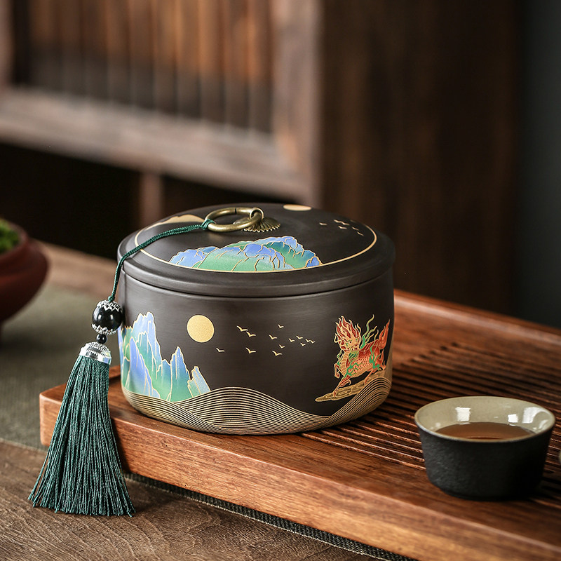 均能手造国潮紫砂茶叶罐陶瓷密封罐通用中号小号普洱家用醒茶罐子