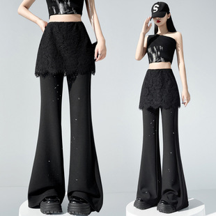 超火假两件拼接蕾丝屁帘微喇裤 子 女高腰显高显瘦烫钻设计感休闲裤