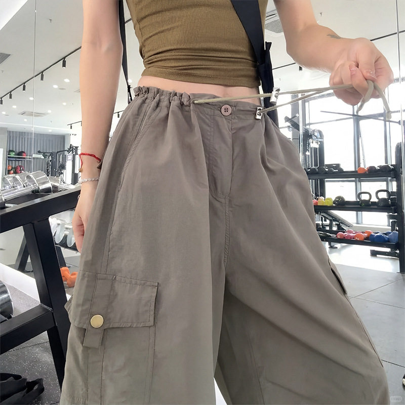 锦纶速干工装裤女款夏季新款高腰宽松显瘦阔腿裤直筒伞兵裤运动裤