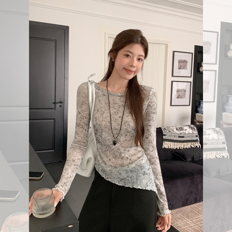 米白色扎染长袖T恤女5