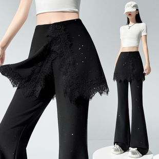 满钻假两件屁帘蕾丝拼接黑色高腰喇叭裤 显瘦微喇西装 裤 女弹力修身