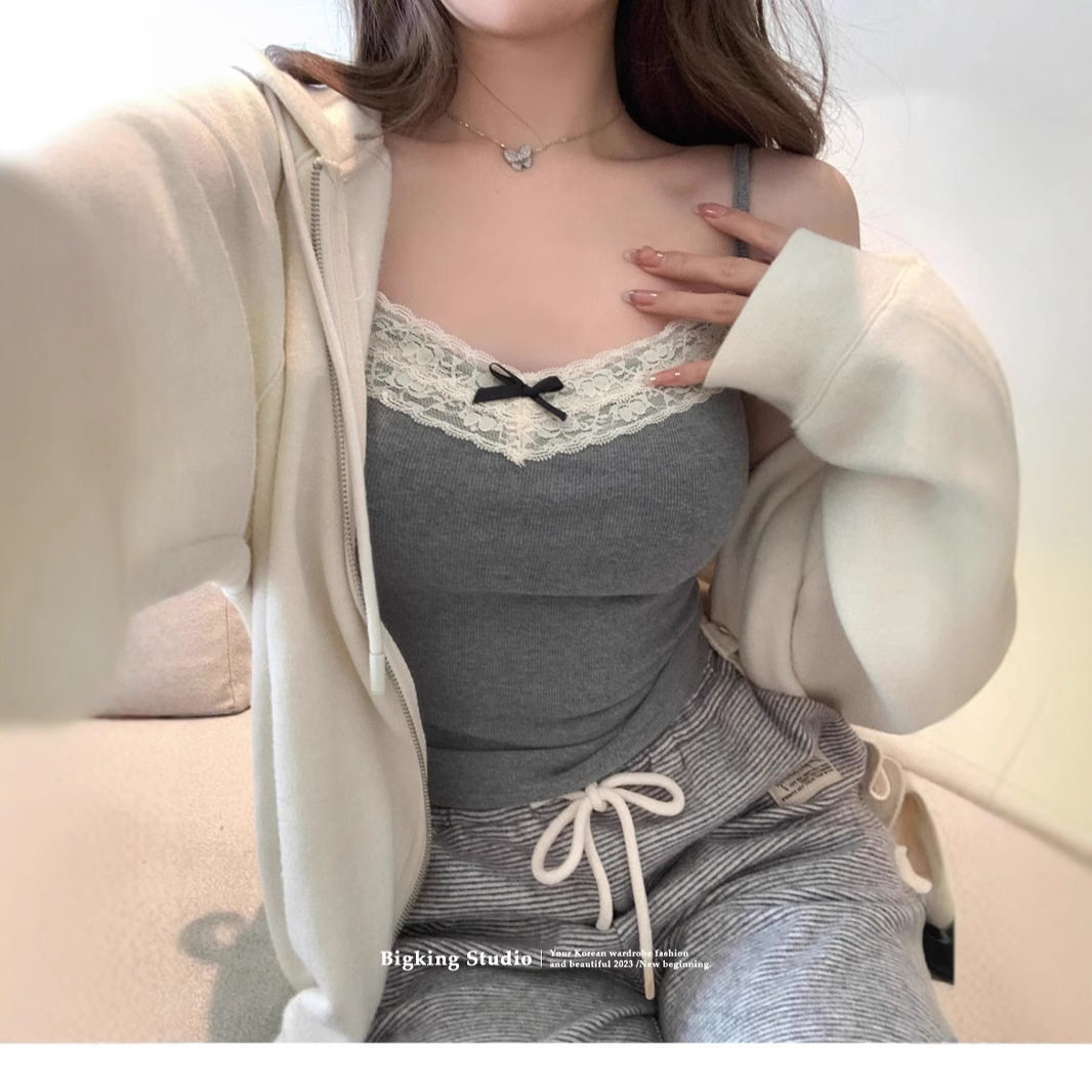 性感辣妹纯欲蕾丝花边夏天吊带背心打底带胸垫蝴蝶结短款修身上衣图片