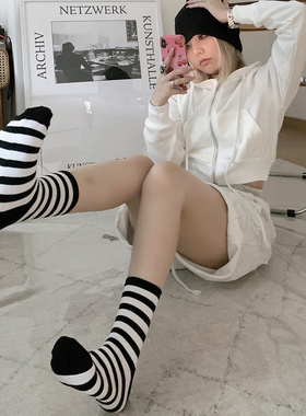 袜子女中筒袜基础黑白条纹三杠纯色日系百搭长袜男ins潮韩版春秋
