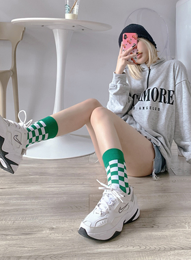 袜子女中筒袜克莱茵蓝绿橙黑白棋盘格子方格长袜男INS潮高腰纯棉