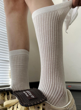 黑白灰色袜子女中筒袜微透小腿堆堆袜夏季薄款竖纹miu芭蕾风长袜