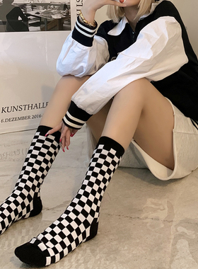 袜子女中长筒袜子黑白格子棋盘格ins潮情侣长袜男潮方格简约百搭