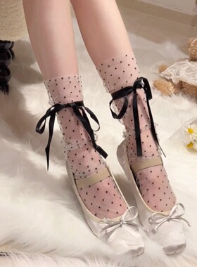 网纱黑蕾丝圆点袜子女纯欲jk波点绑带蝴蝶结堆堆袜夏季薄款洛丽塔