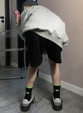 拼接假两双黑白简约袜子男中筒袜女ins潮荧光绿刺绣字母网红同款