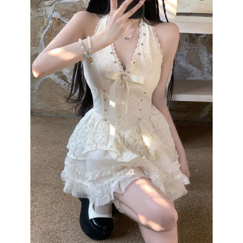 秋季新款甜妹风显瘦蝴蝶结挂脖杏色连衣裙+杏