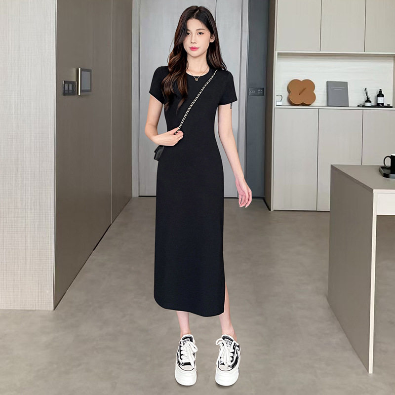 连衣裙女夏季短袖气质2025新款收腰长裙灰色休闲裙开叉包臀t恤裙