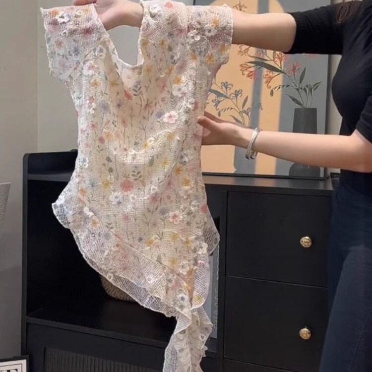 【原版布料】甜美斜肩碎花不规则飘带短袖T恤收腰纯欲显瘦上衣女