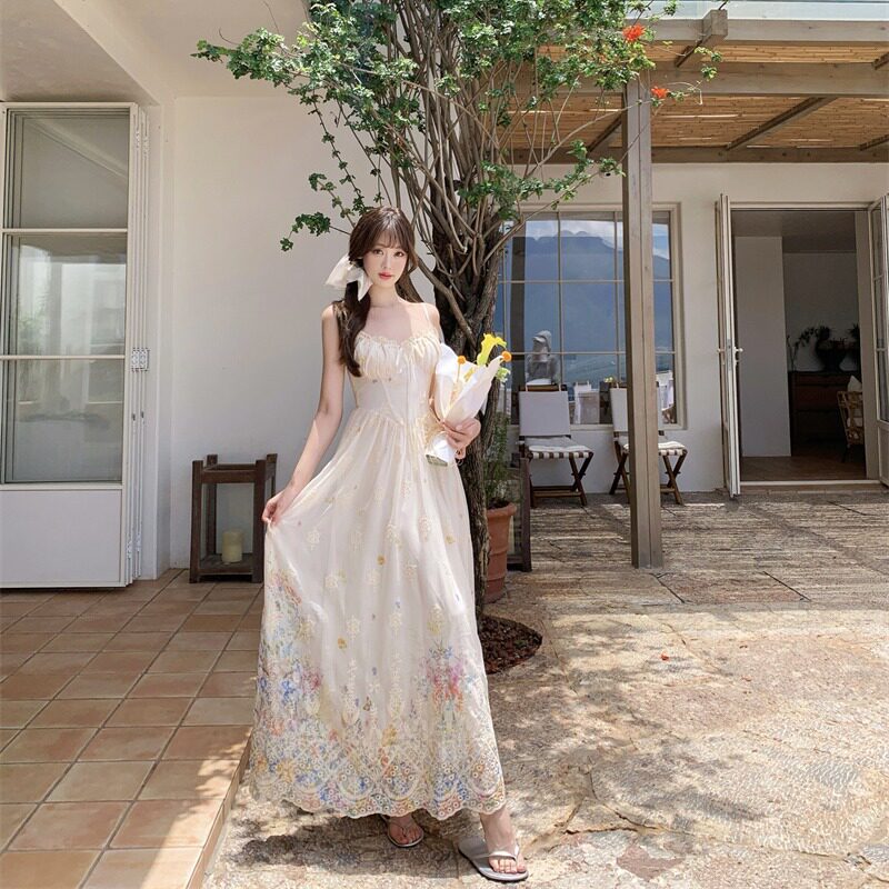 白水女 美神降临 渐变印花雪纺吊带连衣裙女收腰显瘦法式气质长裙