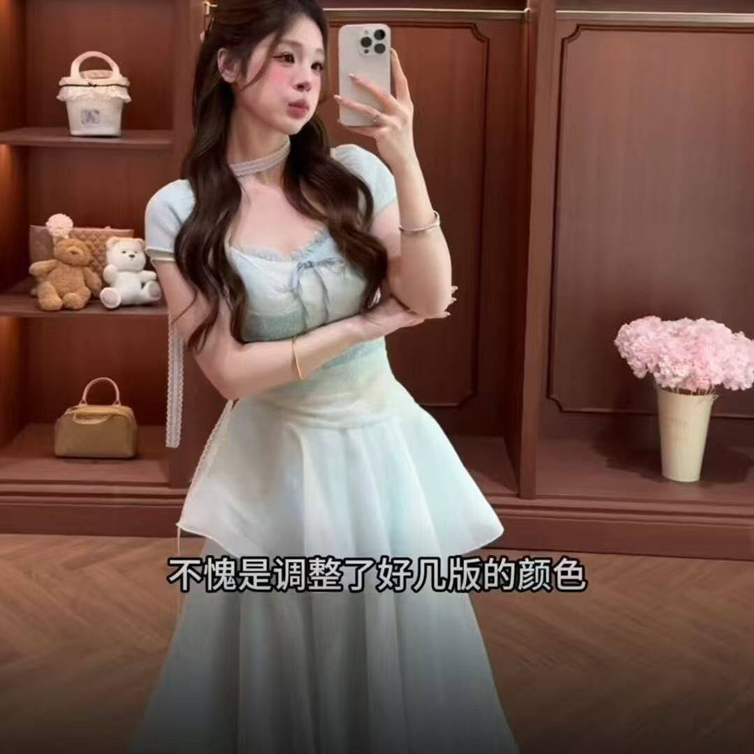 海边度假风薄荷绿抹胸连衣裙女生温柔韩系气质收腰夏日绝美裙子