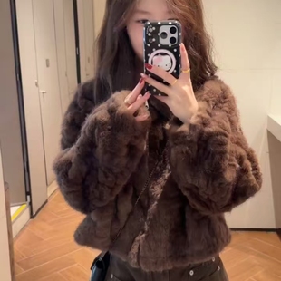 秋冬新款皮毛一体短款皮草外套女毛茸茸棒香风仿小湖羊毛上衣女