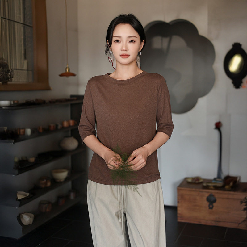 鹿与安笛夏季新款短袖针织亚麻t恤女圆领纯色打底衫休闲百搭上衣图片