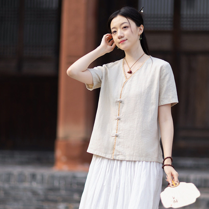 2026夏棉麻女装新款复古国风改良衬衫短袖开衫文艺小清新百搭小衫