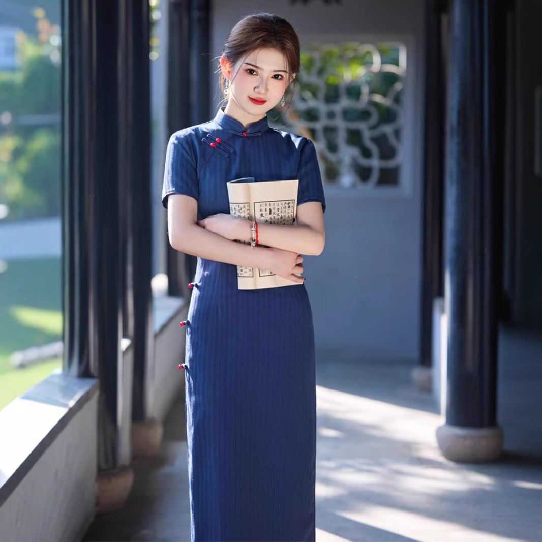 2025夏新款仿竹节麻侧八扣中长款复古风小个子旗袍新中式改良