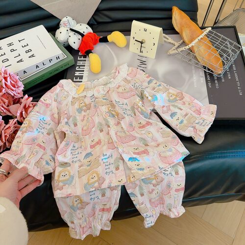 婴儿童薄款纯棉纱布睡衣夏季男女童家居服套装宝宝长袖空调服春秋