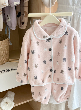 儿童绒家居服加厚宝宝睡衣秋冬季天开衫两件套男女中小童长袖套装