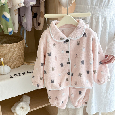 儿童绒家居服加厚宝宝睡衣秋冬季天开衫两件套男女中小童长袖套装