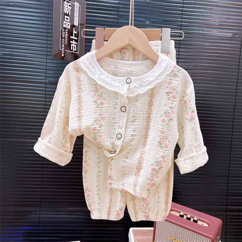 儿童春款套装纱布家居服婴幼儿棉纱睡衣女宝宝夏季女童防蚊裤套装