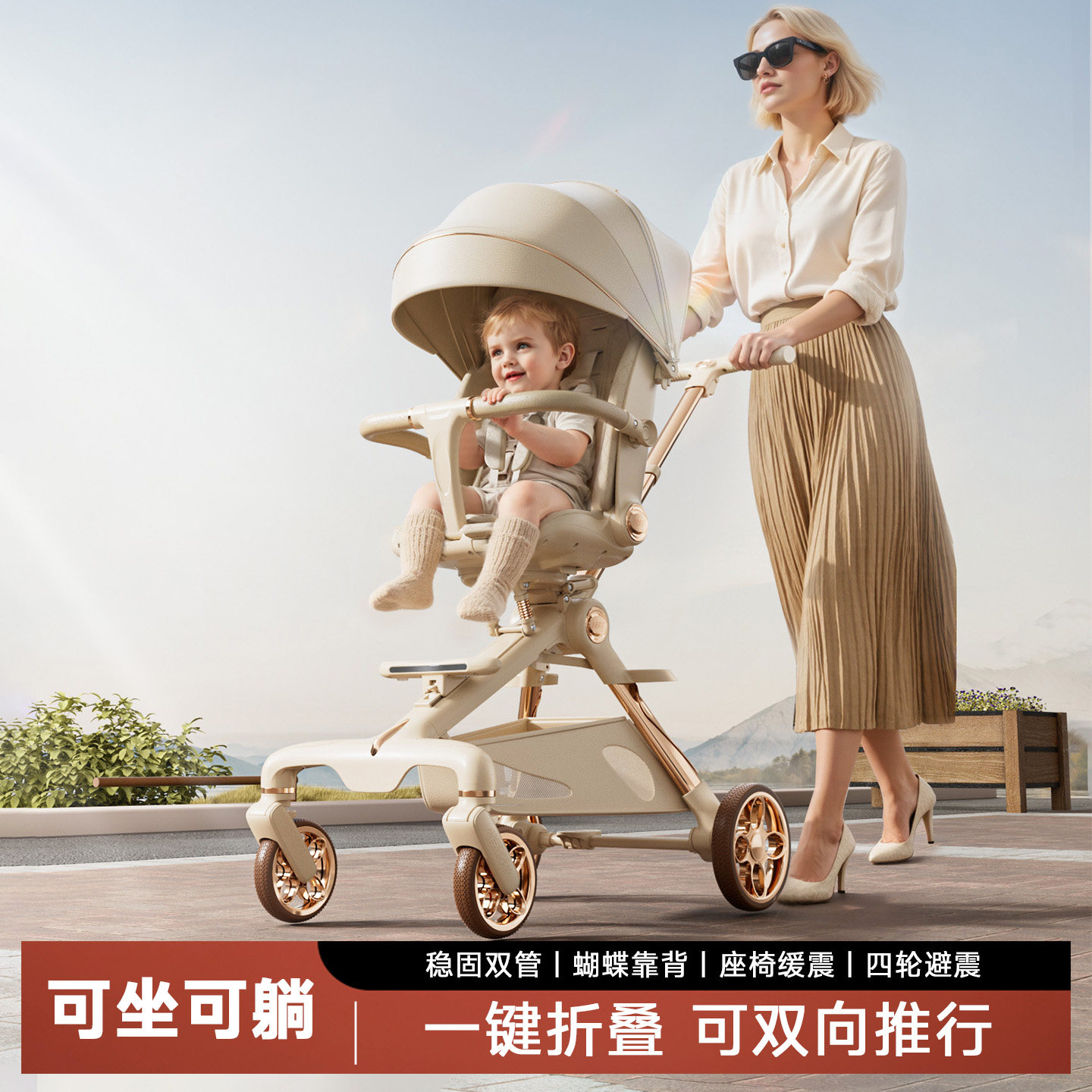 遛娃神器轻便折叠溜娃可坐可趟高景观四轮手拉婴儿宝宝口袋手推车