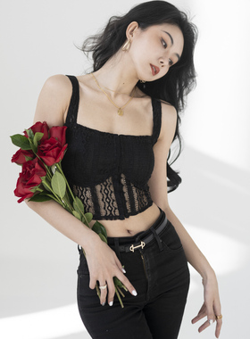 法式蕾丝吊带背心女秋季带胸垫外穿内搭性感美背高腰弹力短款胸衣