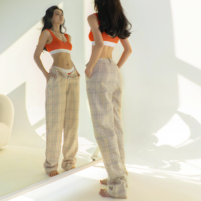 高腰格纹阔腿裤薄款垂感直筒