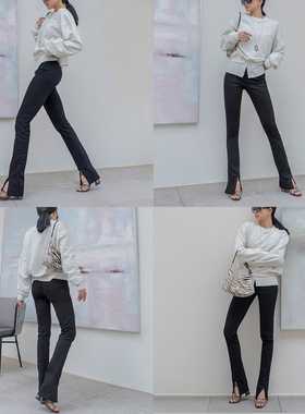 超模裤开叉休闲裤女春秋黑色高腰修身2米腿弹力显瘦显高喇叭裤