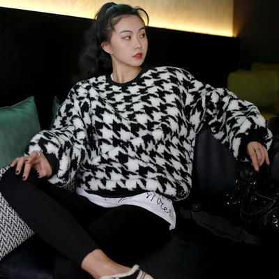 千鸟格抓绒羊羔毛卫衣套头外套